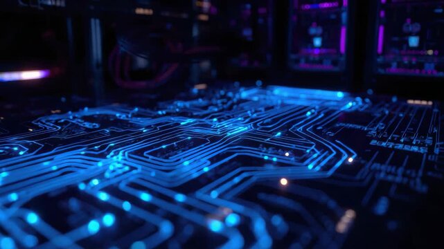 Glowing blue circuit board close up with neon lighting and futuristic depth, glowing blue circuit