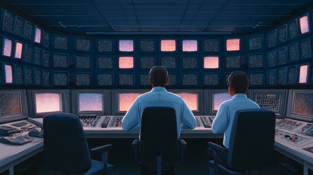 Control Room Vigil: Two professionals intently monitor a vast array of screens within a state-of-the-art control room, bathed in an atmosphere of strategic vigilance. 
