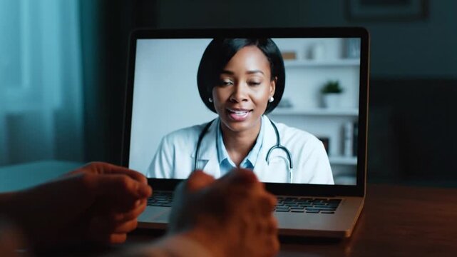 Patient receives expert medical advice through a convenient online video consultation with a professional African American female doctor, highlighting modern telehealth services from home