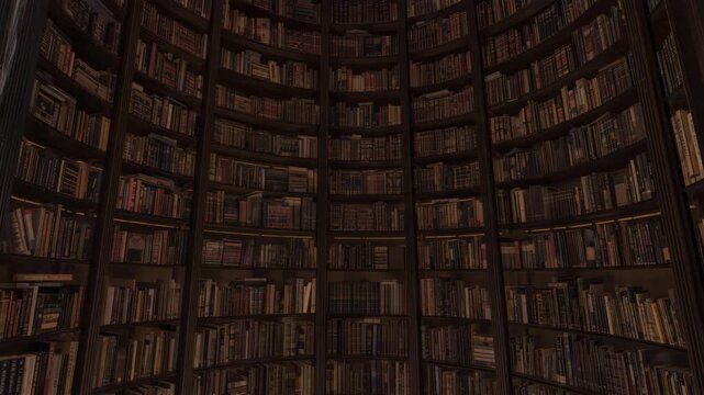 Cozy circular library interior with tall wooden shelf bookshelf packed with vintage book spines