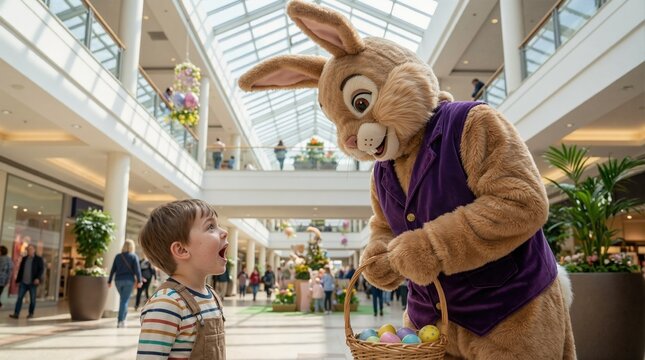 Surprised little boy looking at Easter Bunny mascot in shopping mall. Child holding egg basket meeting costume character. Spring holiday event