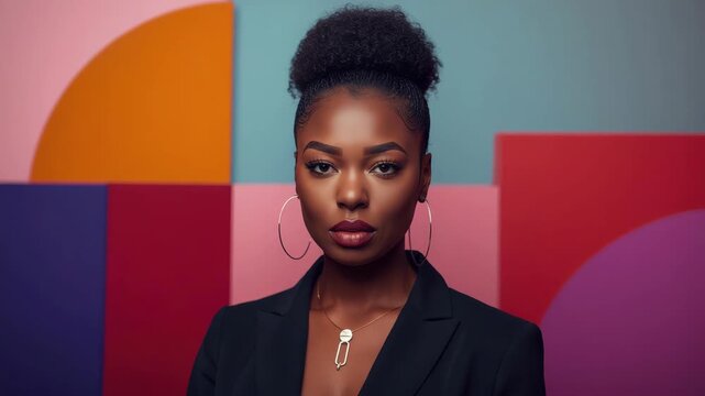 Elegant woman portrait studio with afro hair hoop earring necklace colorful geometric backdrop