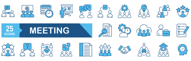 Meeting icon set Blue Monochrome Flat Design concept for seminar, presentation, conference, business, interview, assembly, discussion, agreements