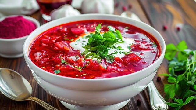 Traditional homemade borscht, classic vibrant red beetroot soup from Eastern European cuisine, served with fresh herbs, sour cream, and vegetables. Healthy vegetarian meal with beets
