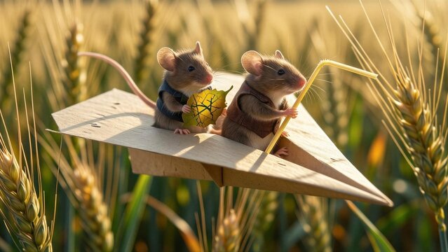 Two Mice in a Paper Airplane Among Wheat Stalks