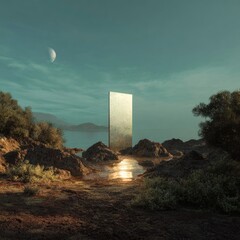 Reflective monolith by tranquil shore