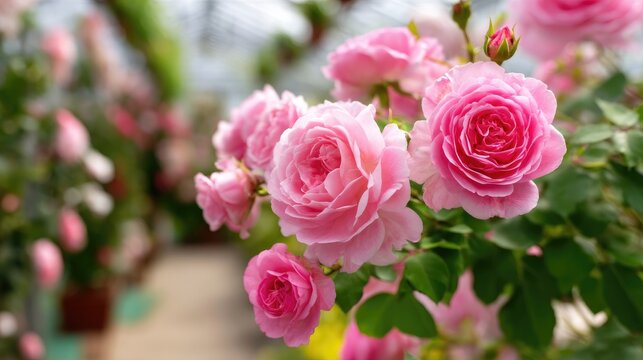 Field of pink roses growing inside greenhouse, controlled flower production and sustainable floriculture concept, copy space