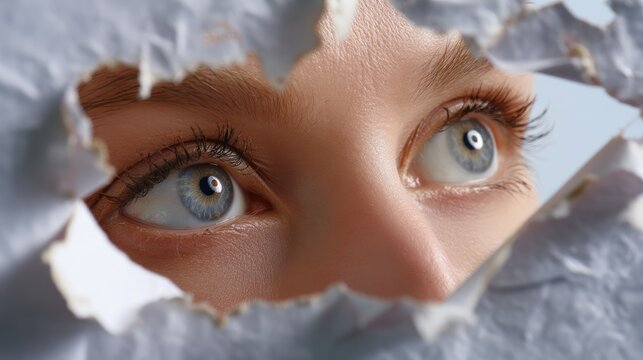 Close-Up of Woman's Eyes Gazing Through Torn Paper with Intense Focus and Intriguing Expression in Soft Light
