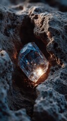 Fototapeta premium Blue Crystal Gemstone Embedded in Rough Dark Rock with a Bright Glow