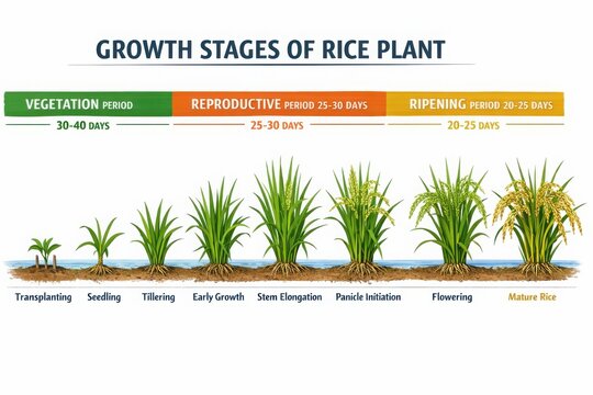 Informative diagram of growth stages of rice plant from transplanting to mature