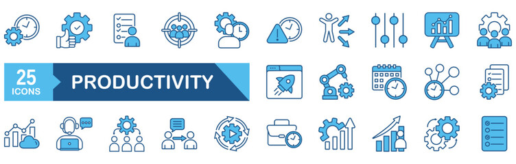 Productivity icon set Blue Monochrome Flat Design concept for efficiency, multitask, sharpened, workflow, task, growth, automation, routine
