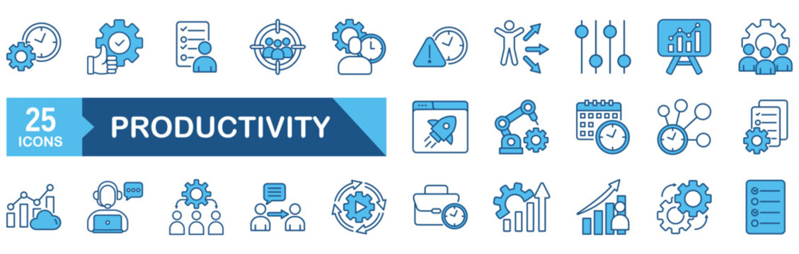 Productivity icon set Blue Monochrome Flat Design concept for efficiency, multitask, sharpened, workflow, task, growth, automation, routine