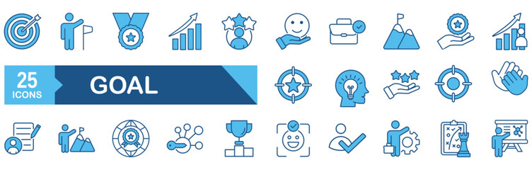 Goal icon set Blue Monochrome Flat Design concept for success, achievement, mission, medal, reward, aim, target, celebration, trophy