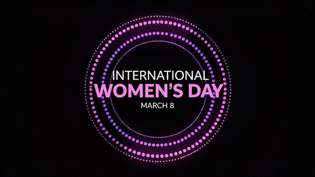 Women&rsquo;s Day circle banner with glowing dotted ring, editable text badge and celebratory light effects on dark background for greeting and social