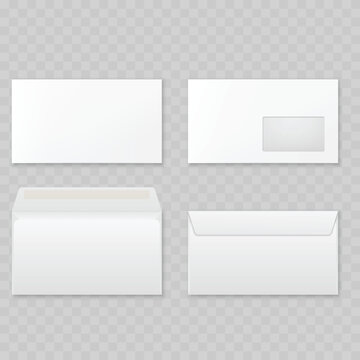 Realistic White Envelope Mockup Set. Vector Business Stationery Template with Window, Open and Closed Flap.