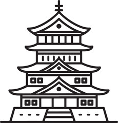 Fototapeta premium Black and white line art icon of a multi-tiered Japanese castle with a pointed roof and decorative elements