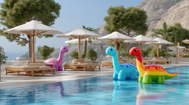 Colorful inflatable dinosaurs in a sunny poolside setting with umbrellas and lounge chairs in a tranquil environment