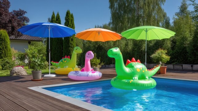 Colorful Inflatable Dinosaurs and Beach Umbrellas Beside a Sparkling Swimming Pool in a Sunny Backyard Setting