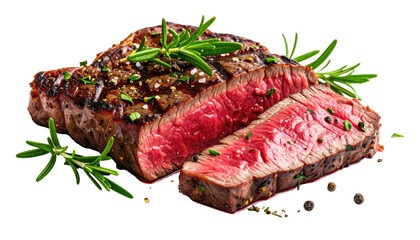 Juicy, grilled steak with rosemary, cut to reveal a red, succulent interior