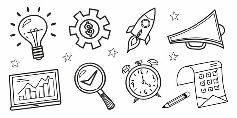 Illustration of various objects representing ideas, creativity, and problem-solving.