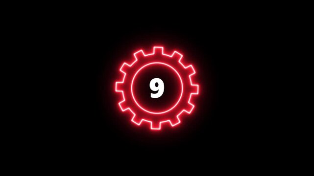 Glowing Red Gear with Number 9 Neon Light Effect on Dark Background Technology Symbol Animation