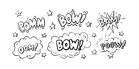 A variety of comic book sound effect words in bold, black on white background © Rabbi