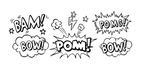 A collection of comic book sound effect words in bold, stylized fonts. © Rabbi