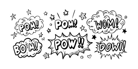 A dynamic collection of comic book sound effect words in bold, stylized fonts. © Rabbi