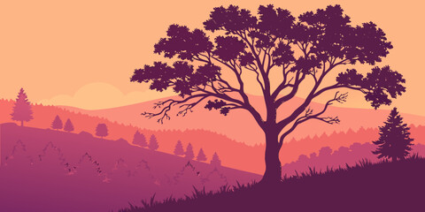 Majestic tree stands tall against a vibrant sunset sky with rolling hills in the background © Rabbi