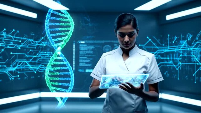 Scientist interacts with futuristic DNA data interface in high-tech laboratory setting