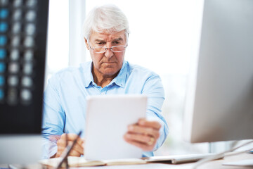 Fototapeta premium Confused, tablet and glasses with business man in office for account mistake, blurry vision or reading problem. Portfolio doubt, online risk management and eyesight crisis with mature person and tech