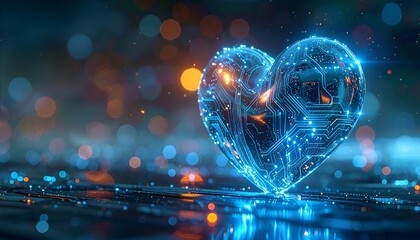 Glowing Blue Digital Heart with Circuit Pattern on Wet Surface, Futuristic AI Love Concept