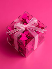 Fototapeta premium Gift box filled with pink hearts and ribbon on bright background