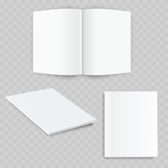 Fototapeta premium Realistic Open Magazine Mockup Set. Vector Blank Brochure or Catalog Template with Rolled Page and Spread View.