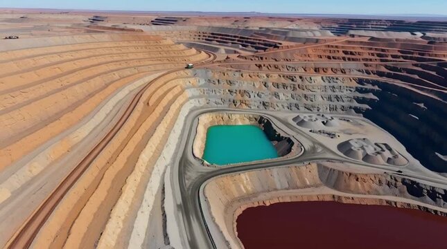 Drone View of Mining Operations at Open-Pit Mine with Colorful Ponds and Geological Layers