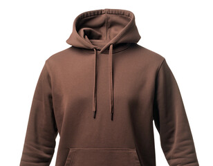 A plain brown hoodie with a front pocket on a black background