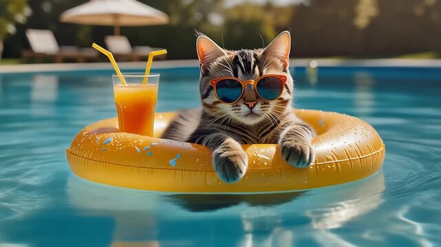 Cute Tabby Cat in Sunglasses Floating in a Swimming Pool on a Yellow Inflatable Ring with a Cocktail Drink