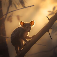 Obraz premium Aye-aye perched on tree branch in forest with warm golden sunlight illuminating large ears and fur, creating ethereal glow in serene wildlife scene