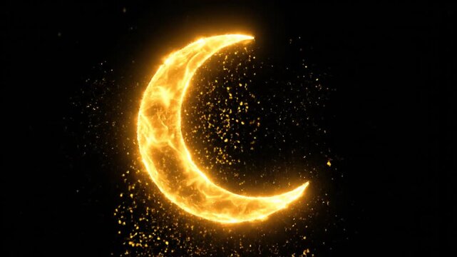 Illuminated crescent moon with glowing particles against a dark backdrop, symbolizing celestial beauty and cosmic wonder