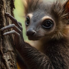 Obraz premium Aye-aye close-up portrait grasping tree trunk with large round nocturnal eyes, elongated fingers and bushy coat highlighted in natural forest wildlife scene