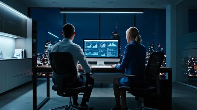 Business colleagues analyze data on computer screens in office at night 