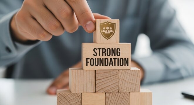 Building a strong foundation for success with wooden blocks and a shield emblem.