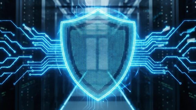 Futuristic shield cyber security data protection digital defense firewall network encryption cyber attack secure server information safety technology glowing blue neon protection defense network