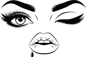 Beautiful female face line art featuring long eyelashes winking eye and full lips with a drop, minimalist beauty salon logo vector illustration for cosmetics.