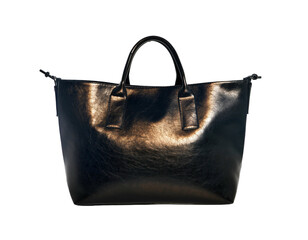 A shiny black tote bag with two handles and a sleek, minimalist design