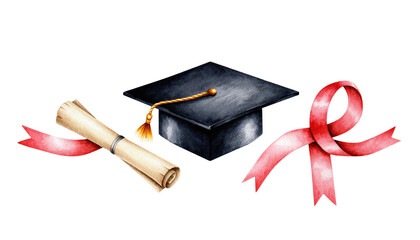 Watercolor graduation cap, scroll, and ribbon against a black background