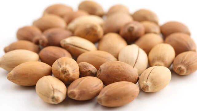 A delicious group of organic pistachio, walnut, and hazelnut snacks featuring natural shells and brown seeds isolated on a white background for healthy nutrition