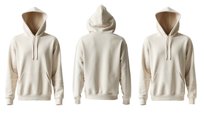 Three views of a plain, light-colored hooded sweatshirt