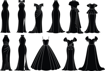 Elegant collection of eleven black evening gown silhouettes featuring formal prom dresses, wedding bridal wear, and stylish cocktail party attire for fashion design graphics © MstMerezan
