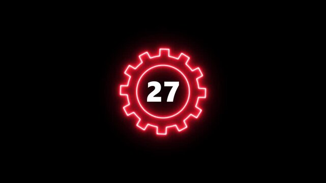 Glowing neon Red color Gear with Number 27 Neon Light Effect on Dark Background Technology Symbol Animation